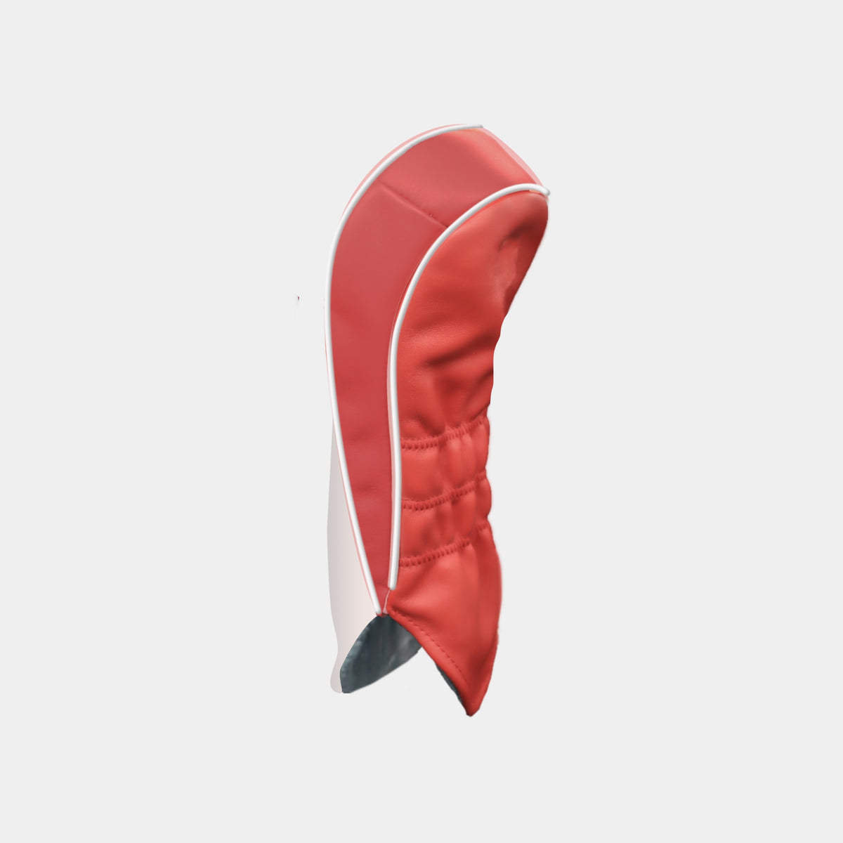 A red and white golf club headcover shown from a side profile view against a light gray background.