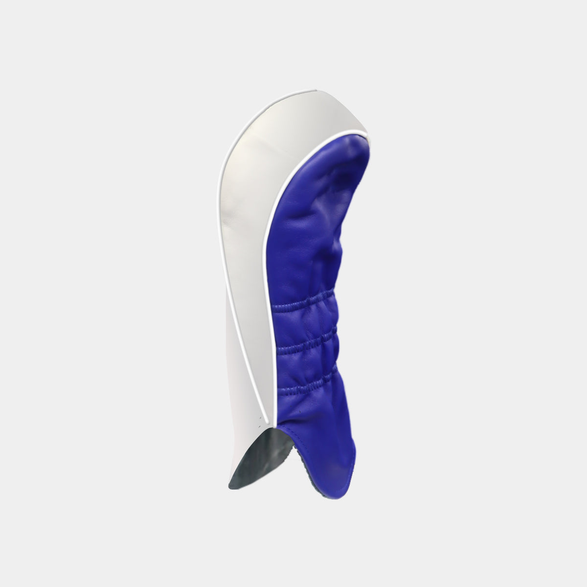 A golf club headcover in royal blue and white, shown from a side profile view against a light gray background.