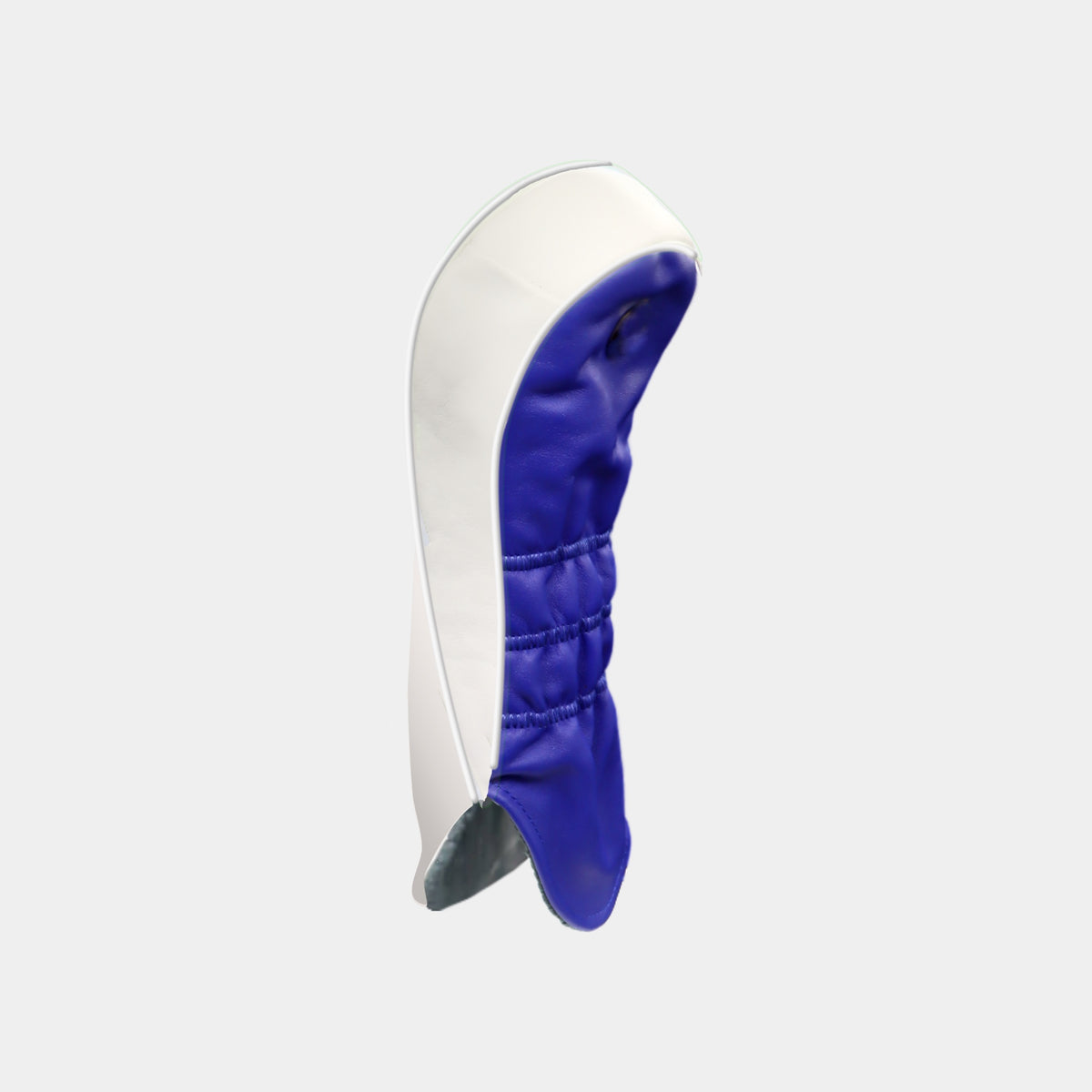 A golf club headcover in royal blue and white, shown from a side profile view against a light gray background.