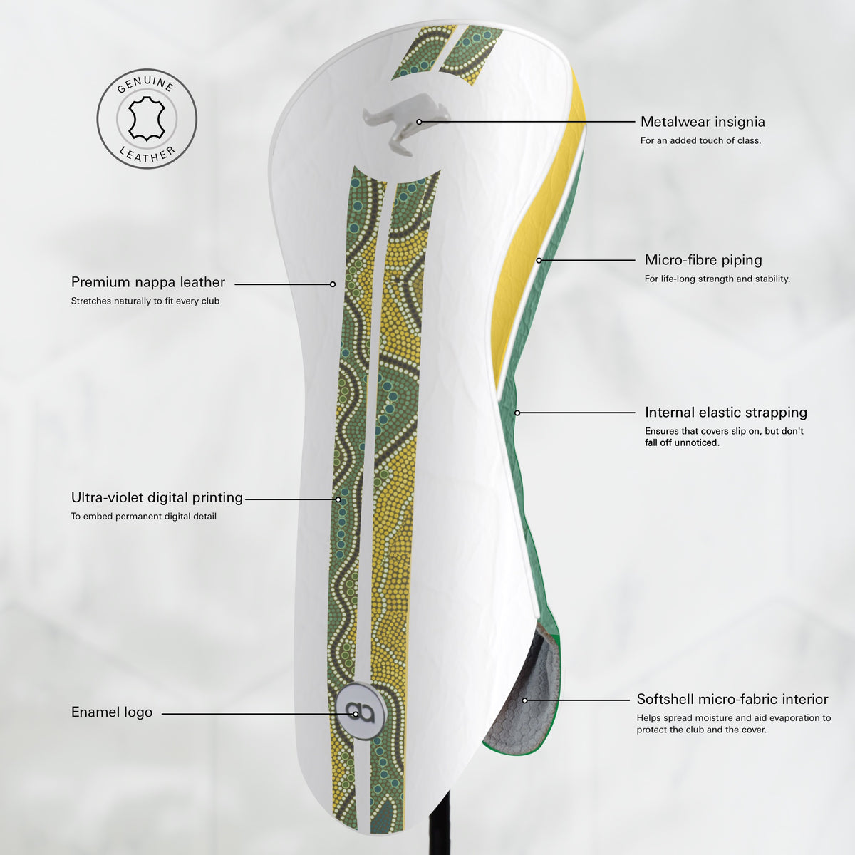 An Australia white golf club driver leather headcover featuring green and yellow Aboriginal-inspired dot art patterns, a metal kangaroo logo near the top, and a green and yellow side stripe, shown on a light gray background.