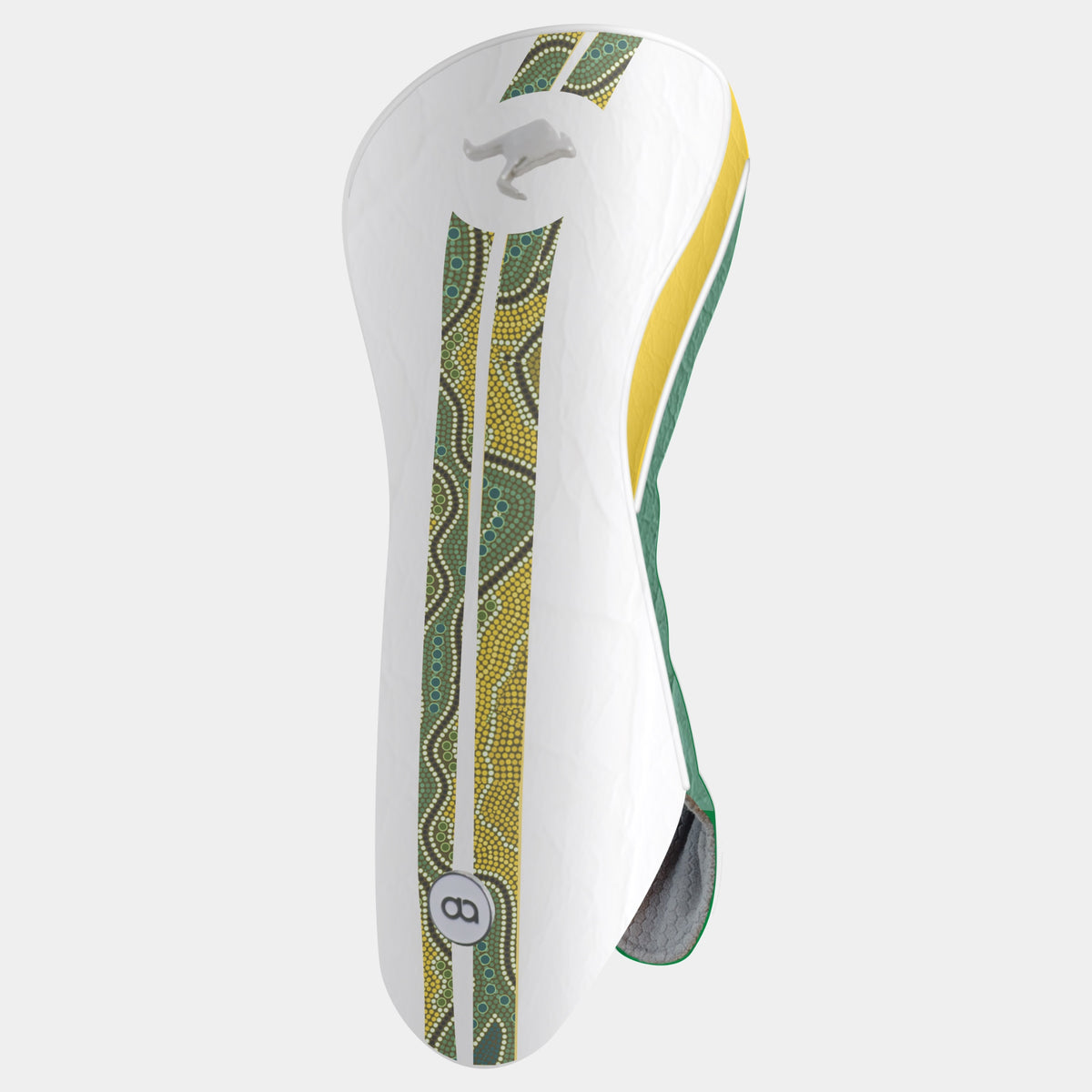 An Australia white golf club driver leather headcover featuring green and yellow Aboriginal-inspired dot art patterns, a metal kangaroo logo near the top, and a green and yellow side stripe, shown on a light gray background.