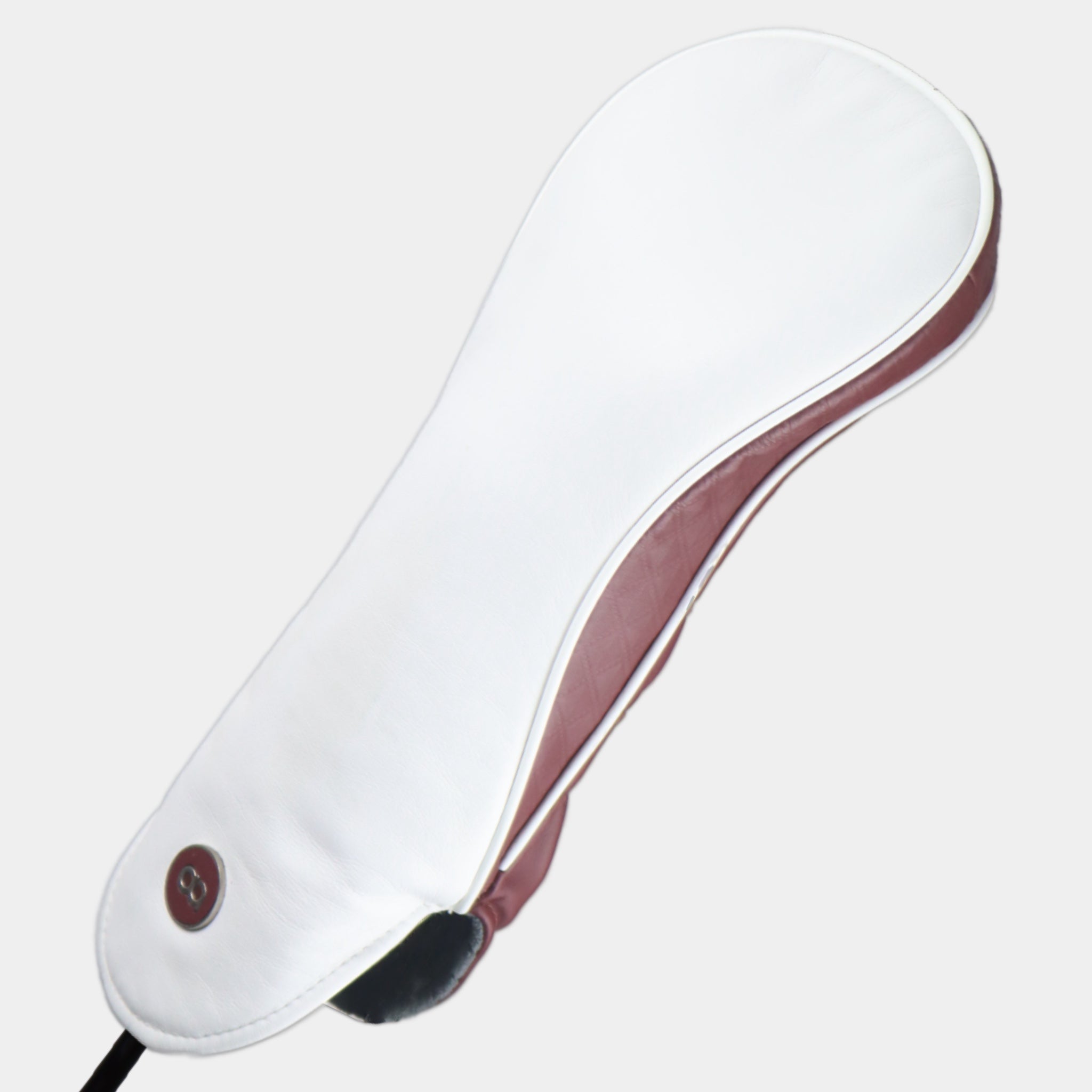White and burgundy leather driver golf club replacement headcover. Golf gift for women. Designer golf accessory. Waterproof. Customisable. Leather emboss.