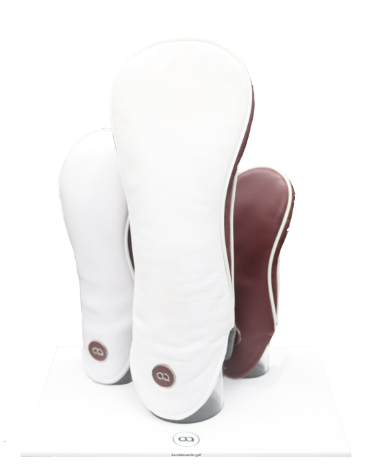 White and burgundy leather golf club headcover set by David Alexander.