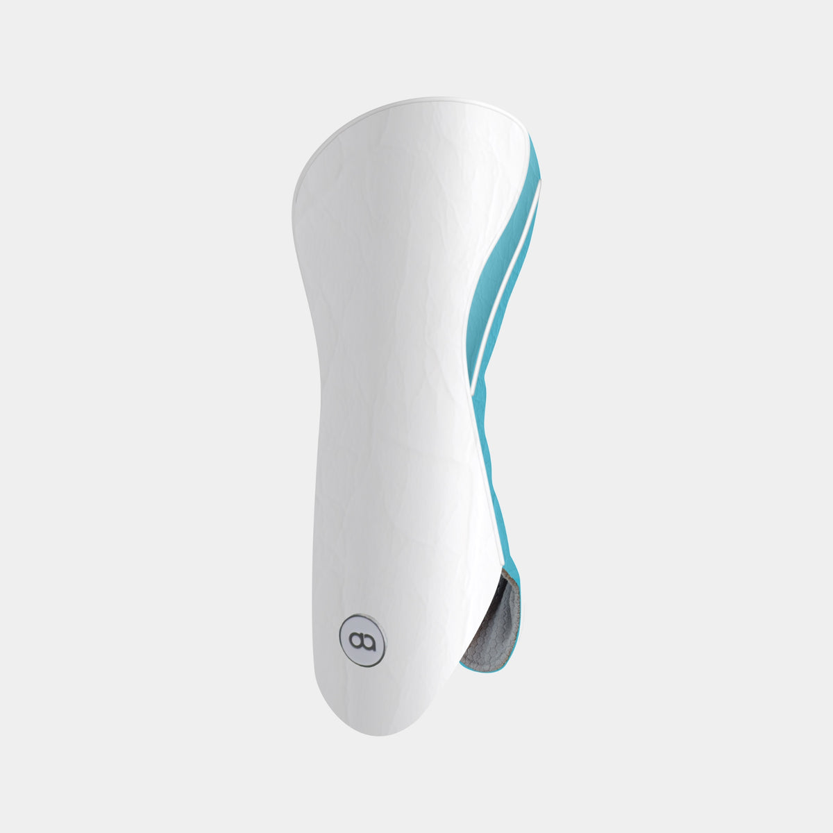 A white and aqua blue leather golf club headcover shown on a light gray background