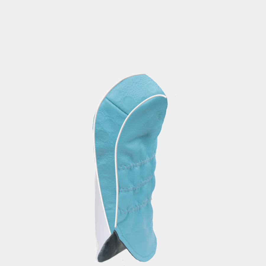 White and aqua blue leather hybrid golf club replacement headcover. Golf gift for women. Designer golf accessory. Waterproof. Leather emboss.