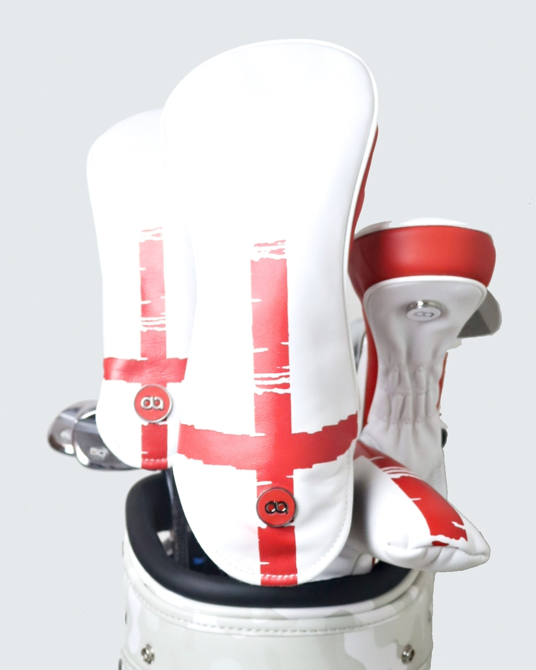 Set of England white and red leather headcovers by David Alexander