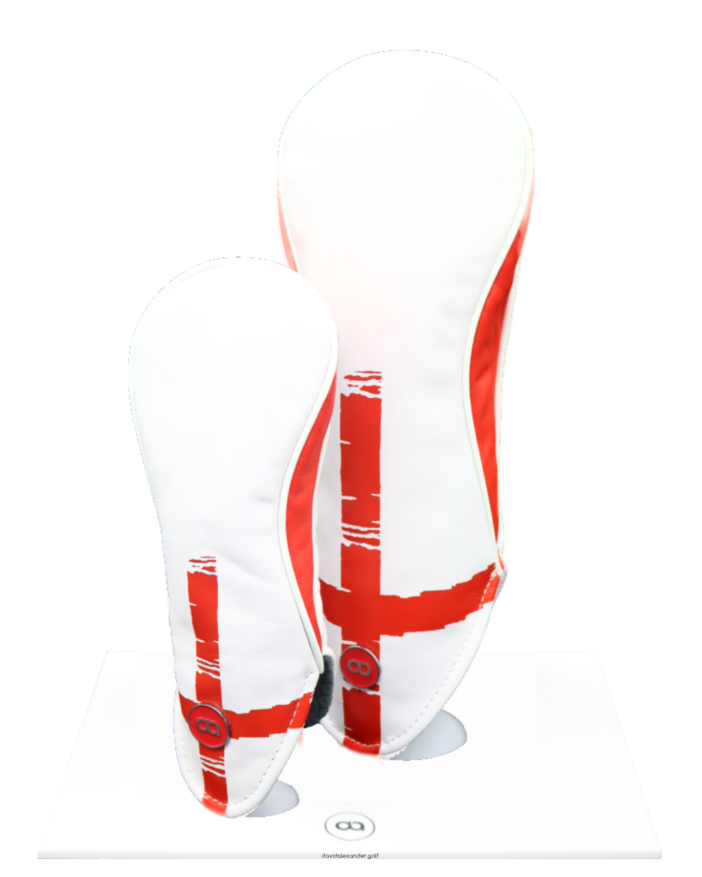 White and red England fairway wood leather headcover with a St. George's cross design.