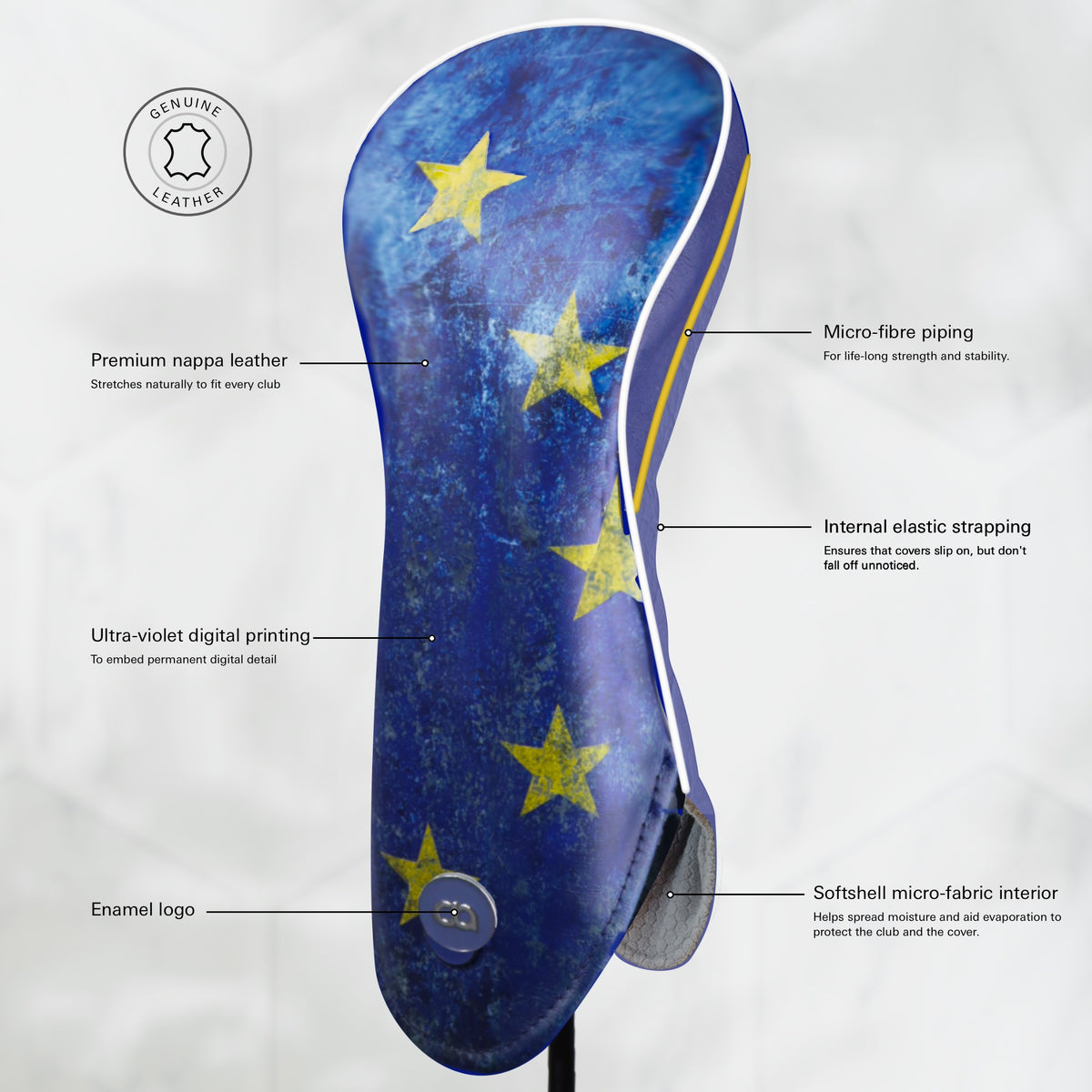 A golf club headcover with a distressed blue and yellow European star pattern, featuring a circular logo badge near the base, shown against a light gray background.