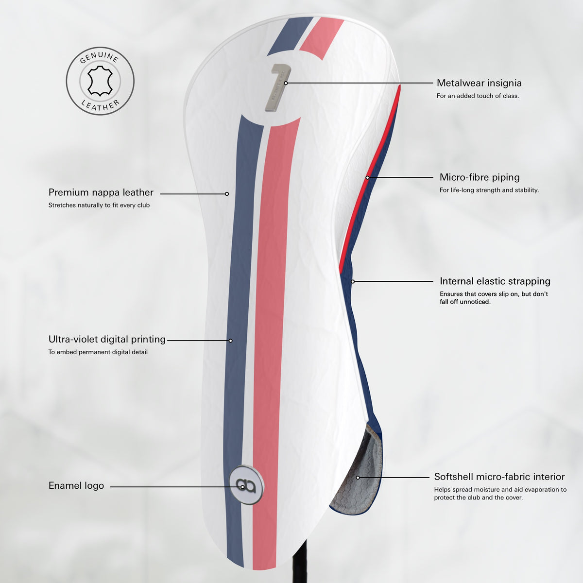 A white golf club headcover with vertical red and navy blue stripes, featuring a chrome number 1 on the upper portion and a circular logo near the bottom, set against a light gray background.