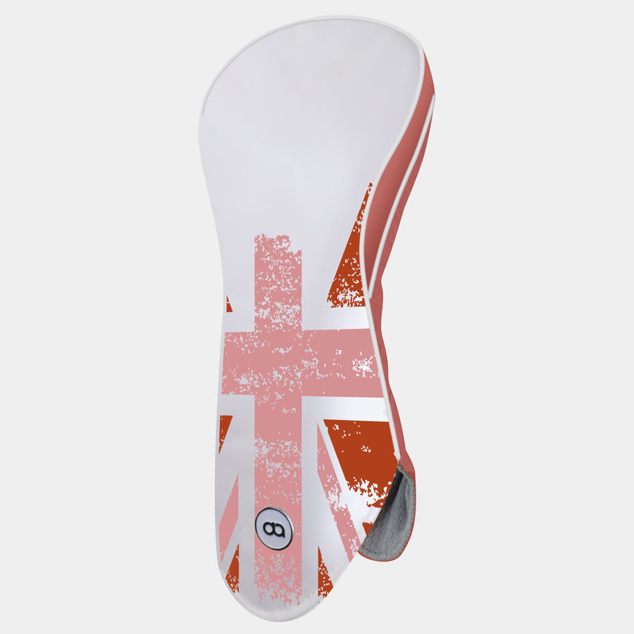 Great Britain golf club driver headcover featuring a grunge Union Jack flag design in muted red, white and terracotta on a white background.