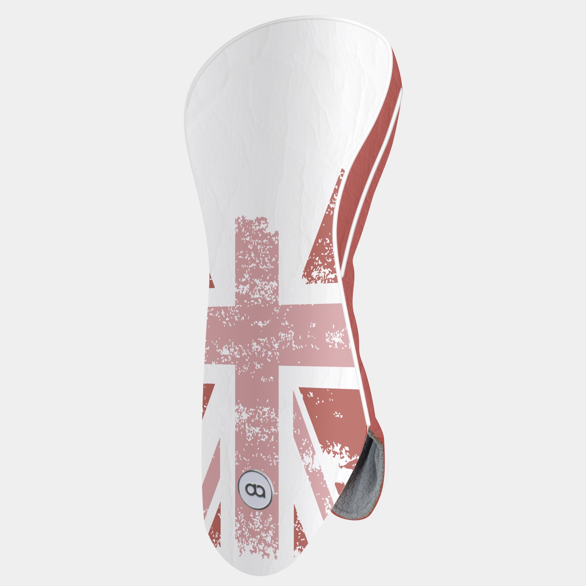 Great Britain golf club driver headcover featuring a grunge Union Jack flag design in muted red, white and terracotta on a white background.