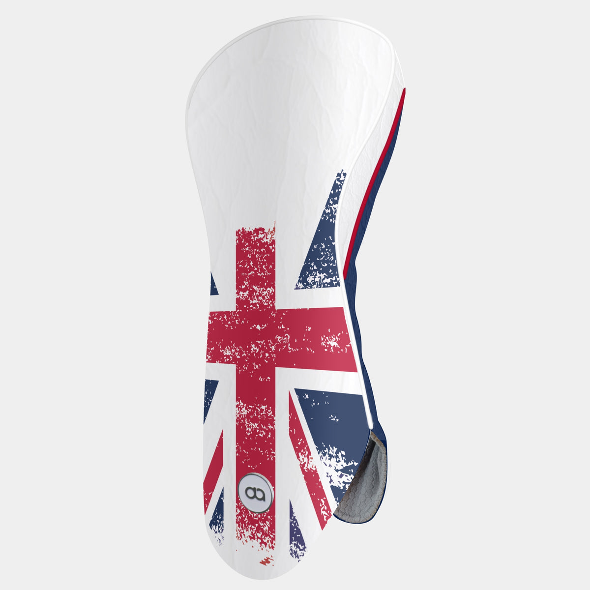 A Great Britain golf club driver headcover featuring a grunge Union Jack flag design in red, white, and navy blue,