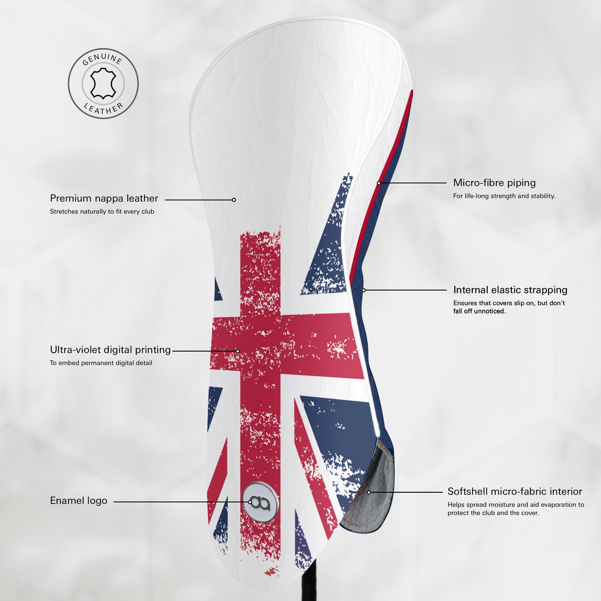 A Great Britain golf club driver headcover featuring a grunge Union Jack flag design in red, white, and navy blue,