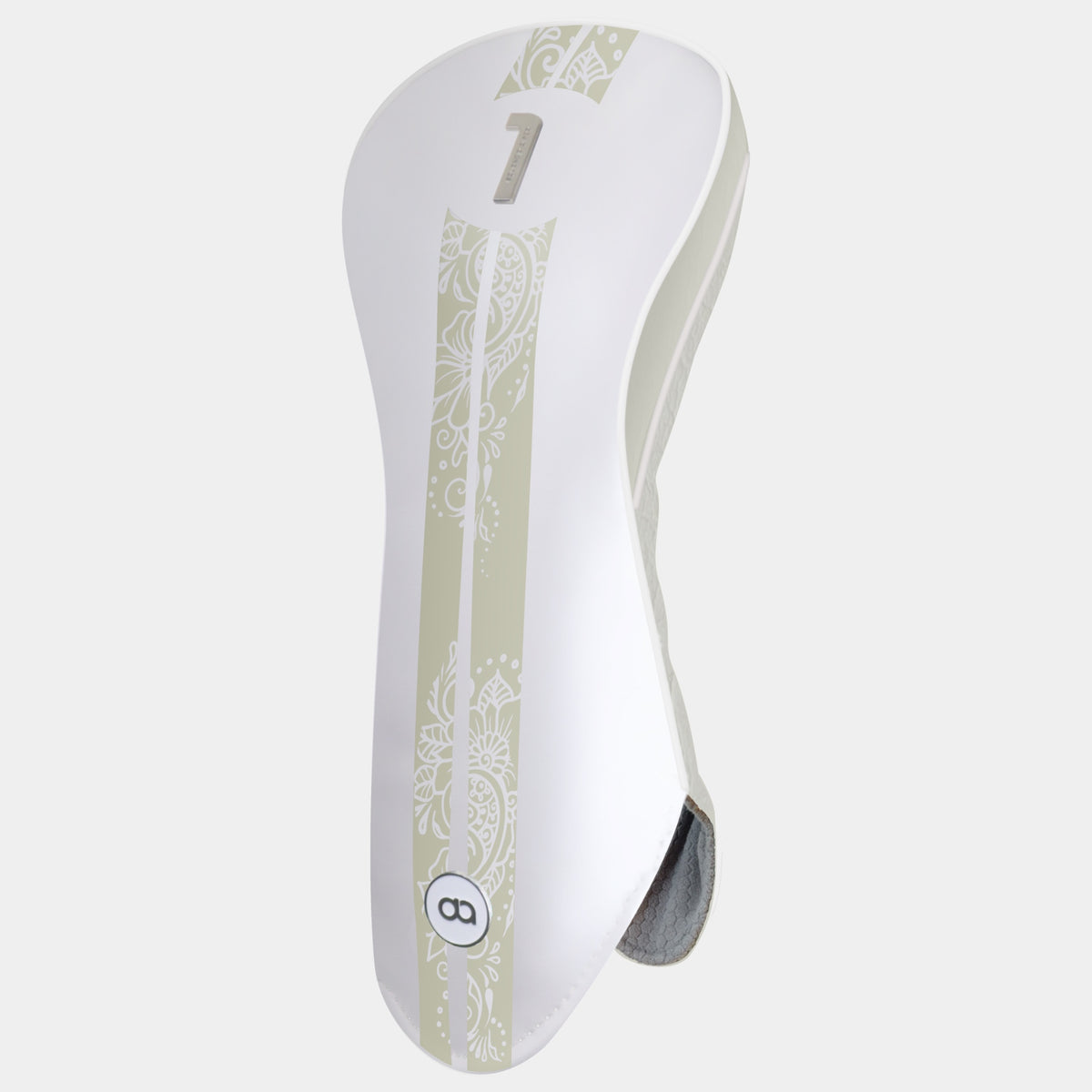 A white leather driver golf club headcover with beige sides and back and a beige stripe with a henna floral display. Shown on a grey background.