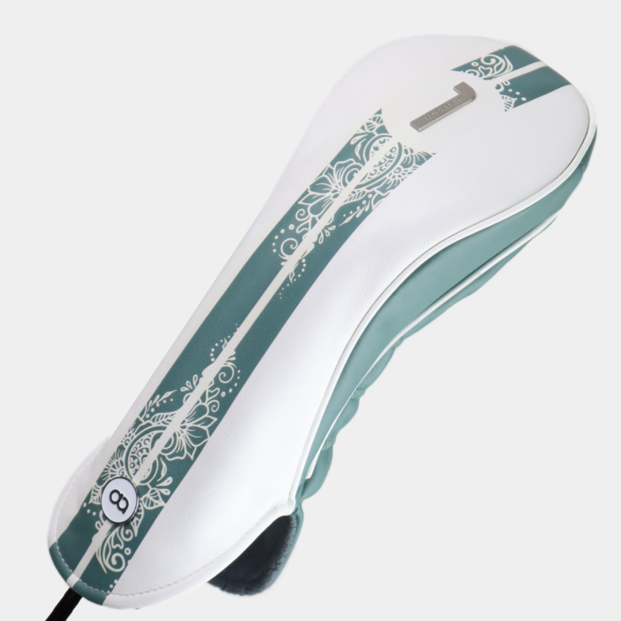 White and teal green henna leather headcover by David Alexander.