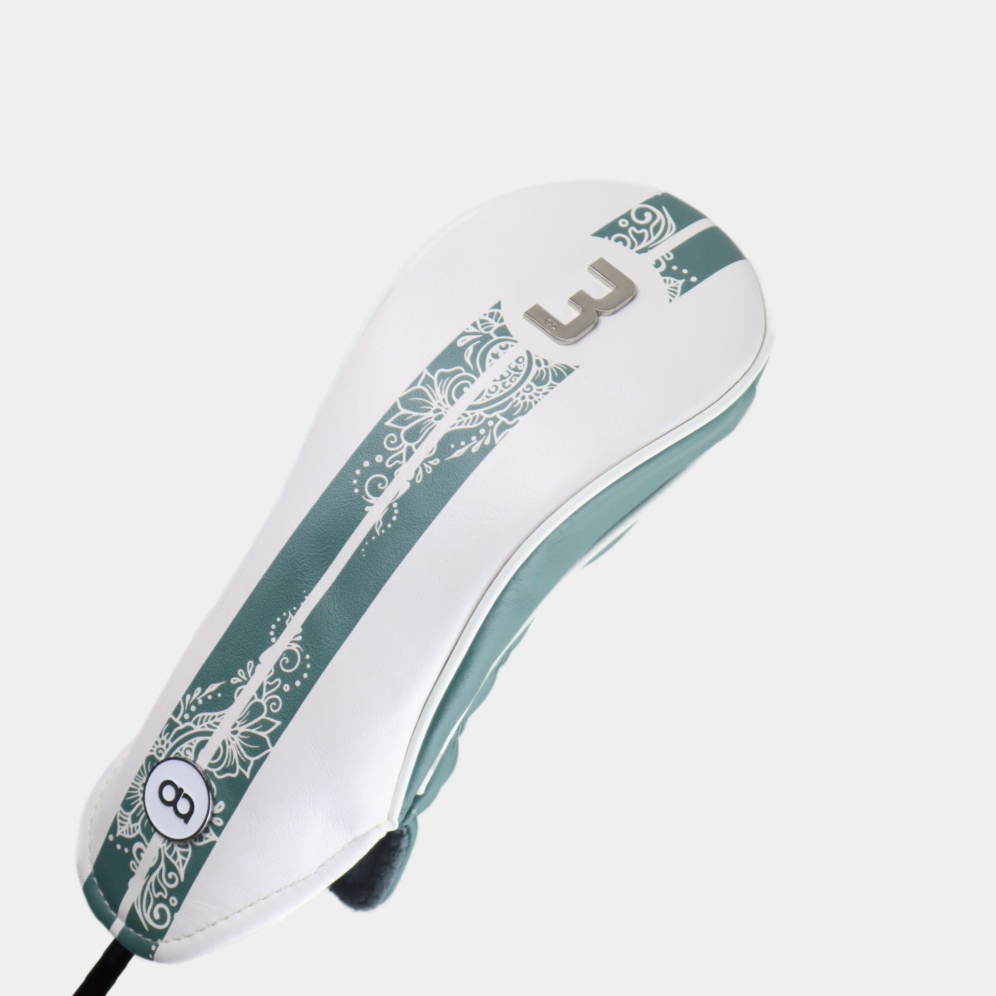 White and teal green henna leather headcover by David Alexander.