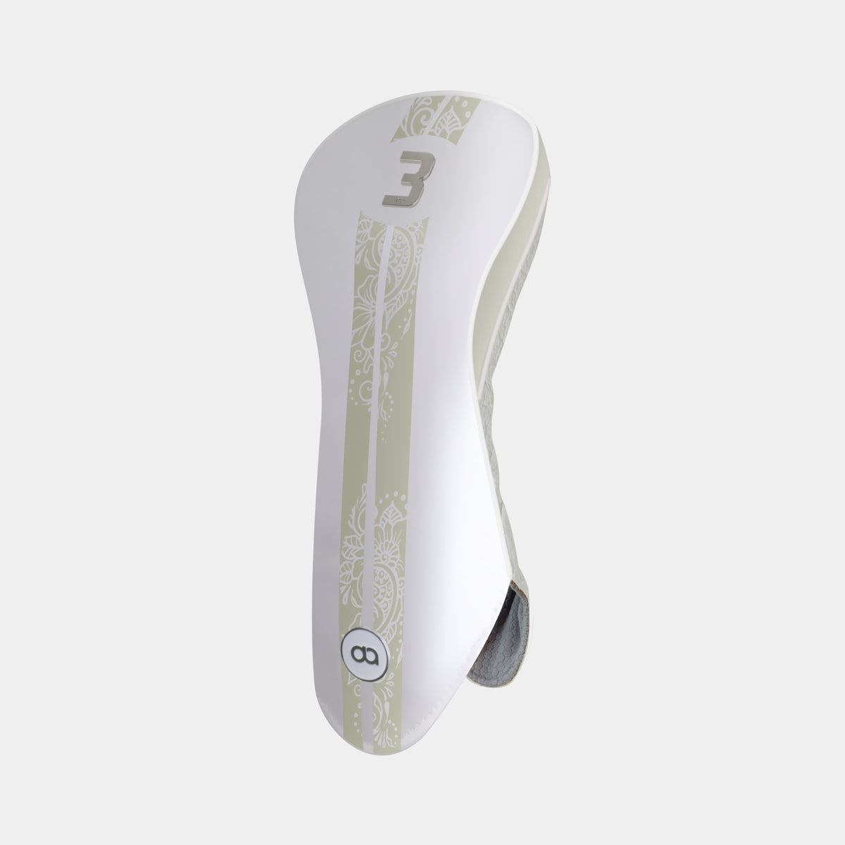 A white leather fairway golf club headcover with beige sides and back and a beige stripe with a henna floral display. Shown on a grey background.