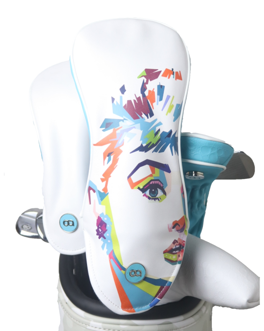 White and aqua blue leather golf club headcover set with Audrey Hepburn by David Alexander