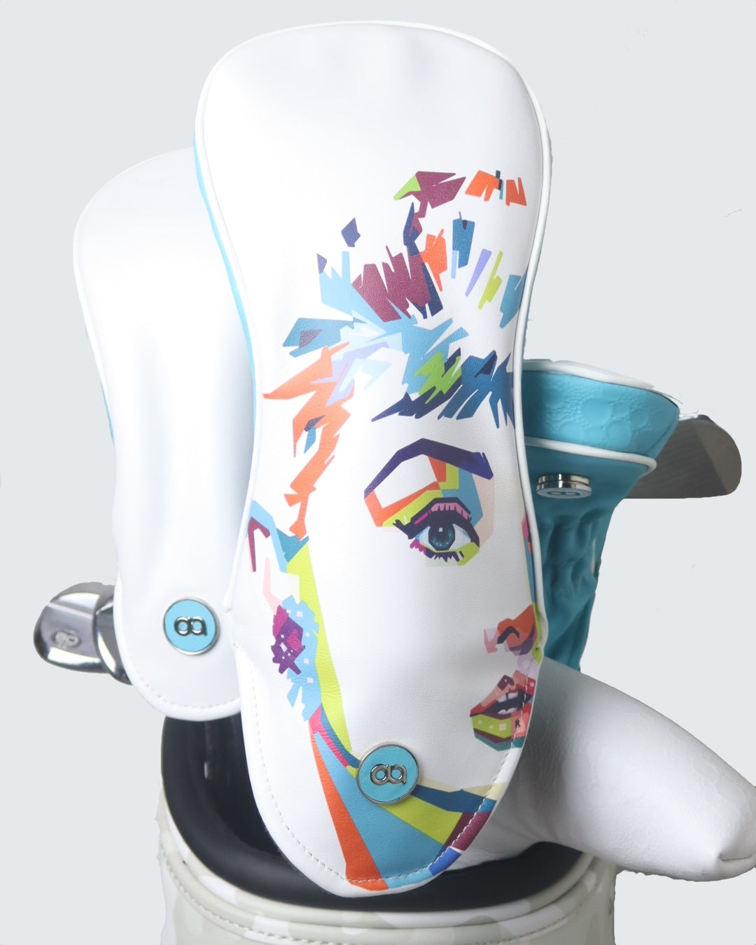 White and aqua blue leather headcover by David Alexander Golf