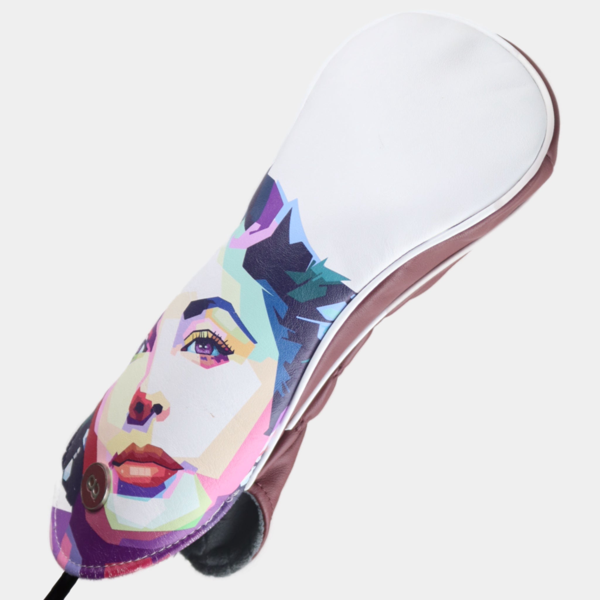 White and burgundy leather driver golf club replacement headcover. Golf gift for women. Designer golf accessory. Waterproof. Digital print. Elizabeth Taylor.