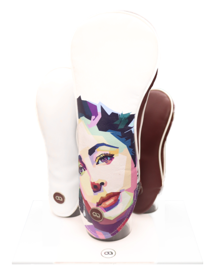 White and burgundy leather golf club headcover set with Elizabeth Taylor design by David Alexander.