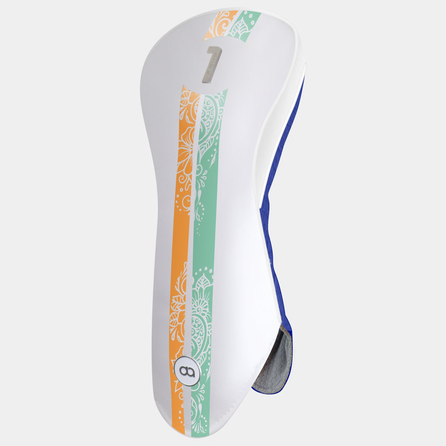 A white india leather golf club headcover with vertical orange and mint green ornamental stripes, a blue side trim, and metal number 1.