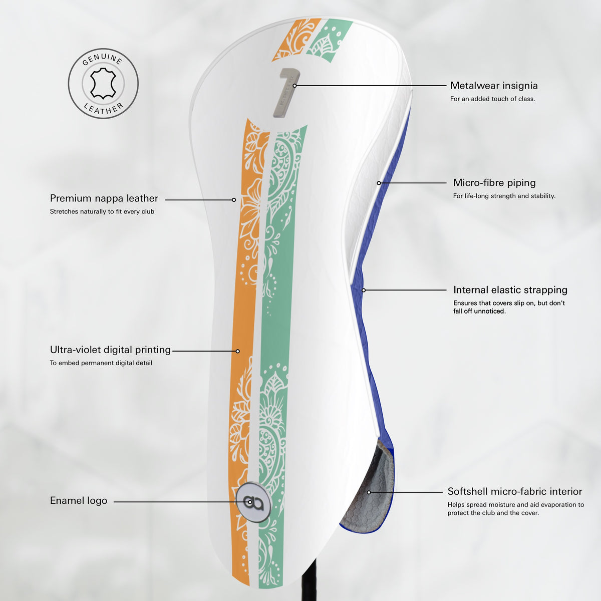 A white india leather golf club headcover with vertical orange and mint green ornamental stripes, a blue side trim, and metal number 1.