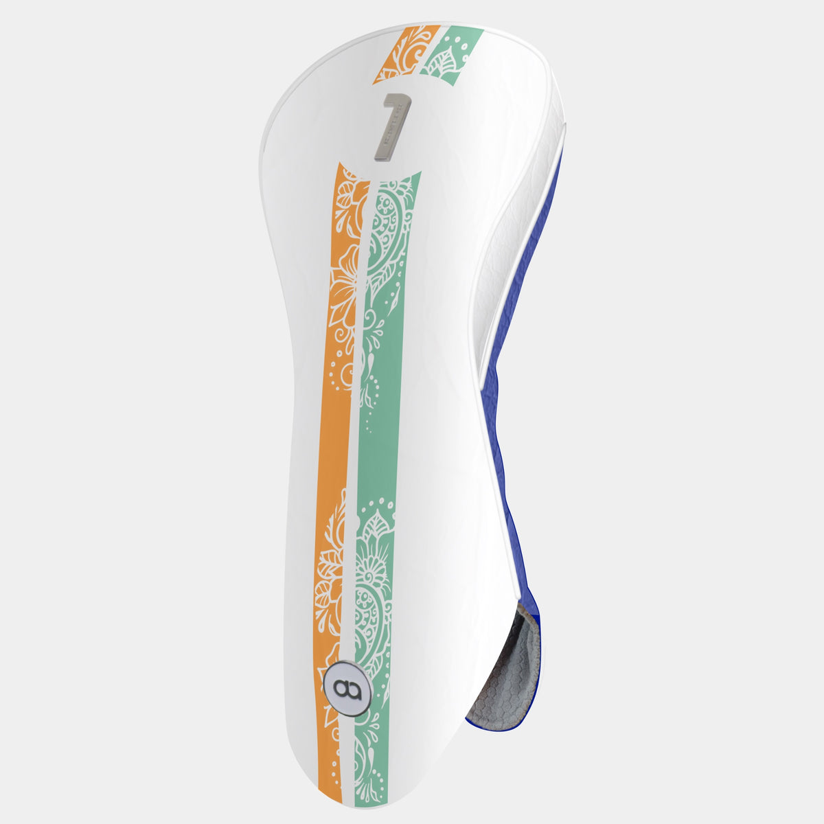 A white india leather golf club headcover with vertical orange and mint green ornamental stripes, a blue side trim, and metal number 1.
