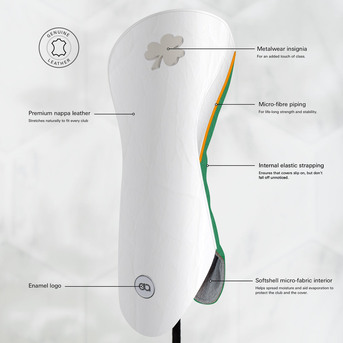 A white and green Ireland golf club headcover with a chrome shamrock logo near the top. Featuring a white side with orange and white pipping.
