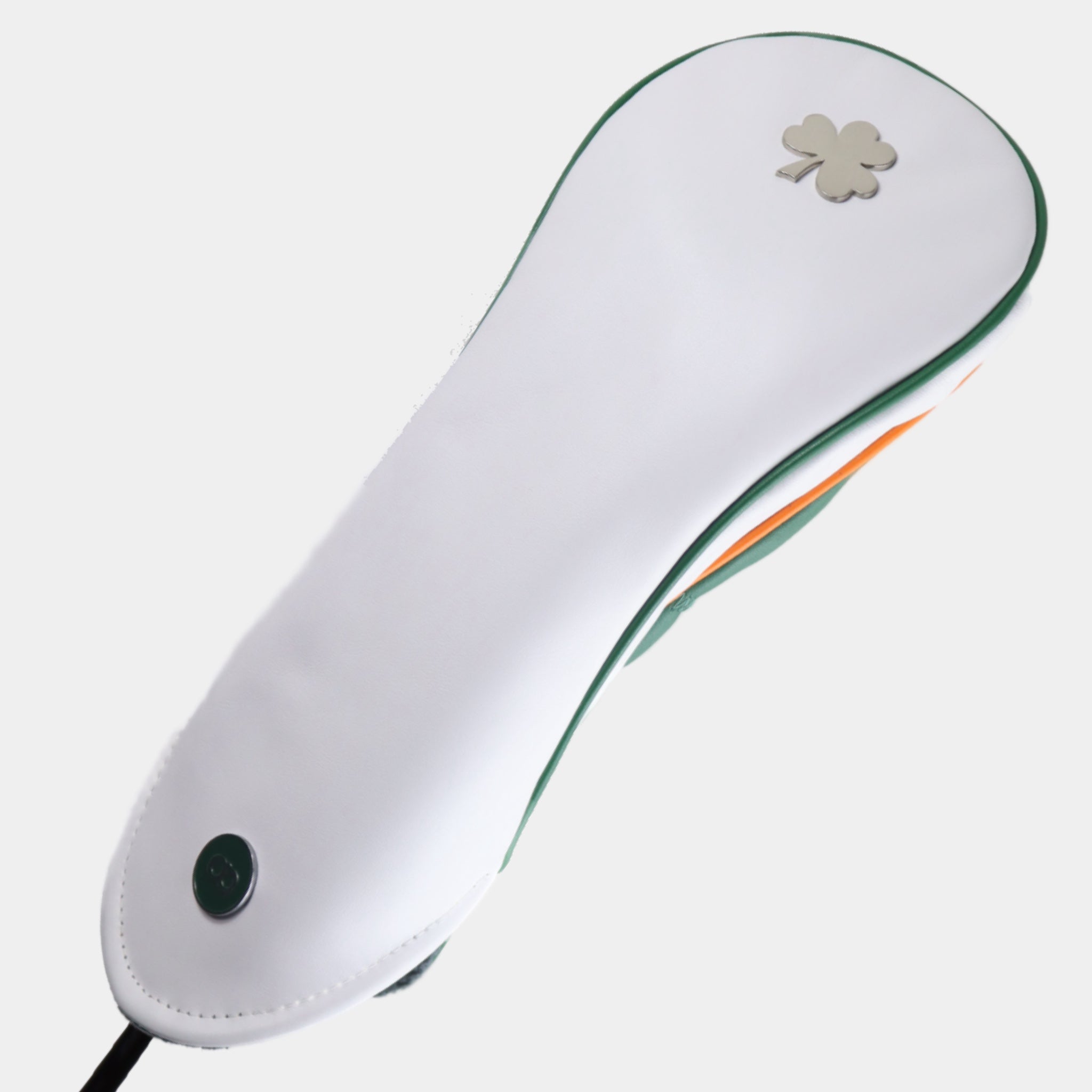 Ireland leather putter golf club replacement headcover. White and green. Golf gift for men /women. Designer golf accessory. Waterproof. Chrome Shamrock.