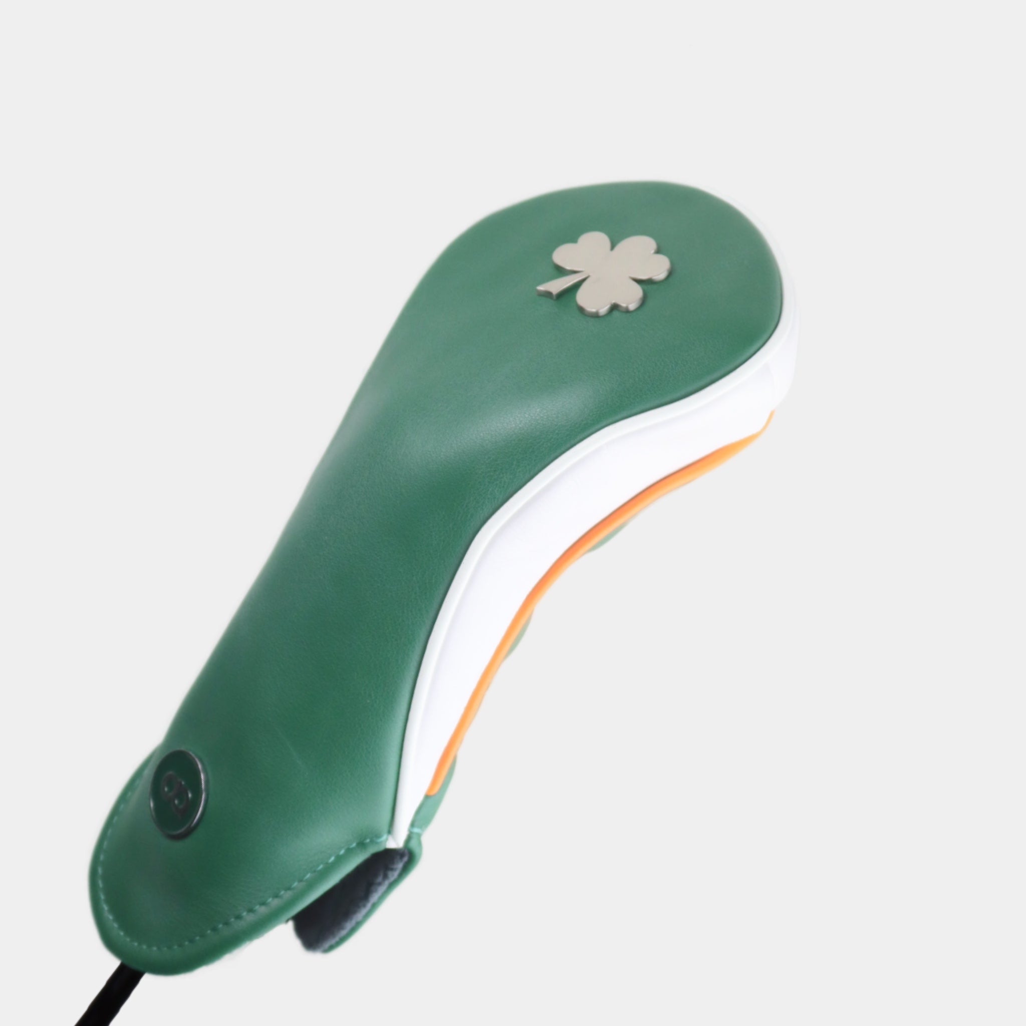 Ireland leather fairway golf club replacement headcover. Green with white sides, Golf gift for men /women. Designer golf accessory. Waterproof. Chrome emblem. Customisable.
