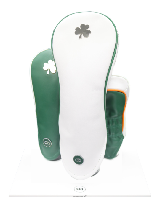 Ireland green and white leather golf club headcover set with chrome shamrock David Alexander. 