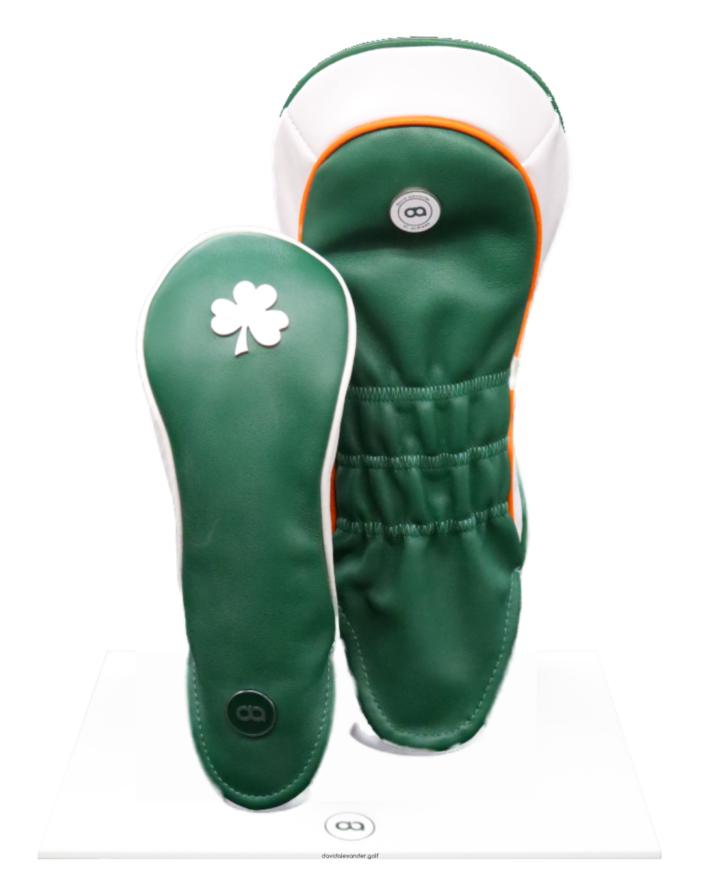 Green and white Ireland fairway wood leather headcover with a chrome shamrock
