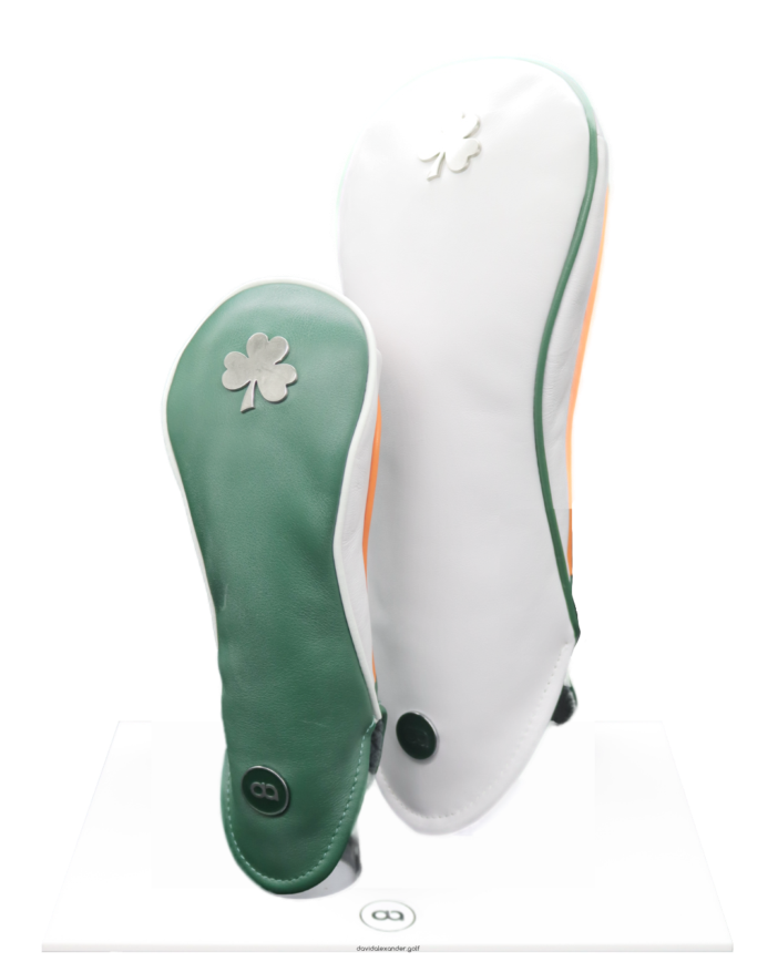 Green and white Ireland fairway wood leather headcover with a chrome shamrock