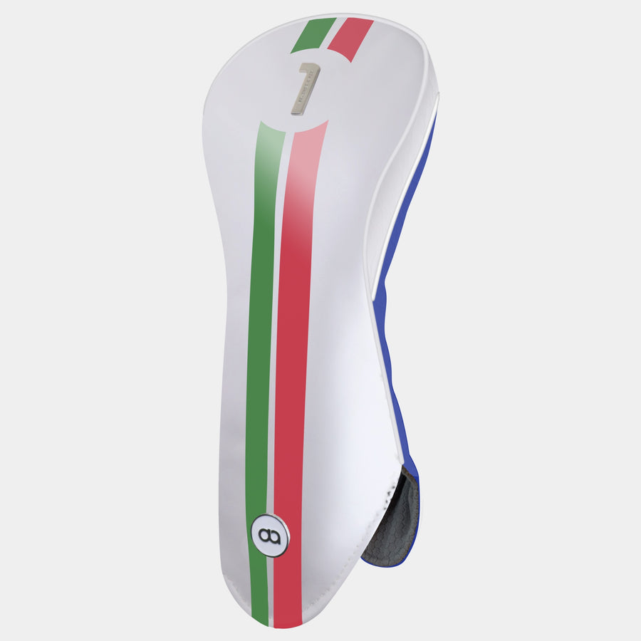 A white golf club headcover with vertical green, white, and red stripes resembling the Italian flag, featuring a silver number 1 on the front and a blue back.