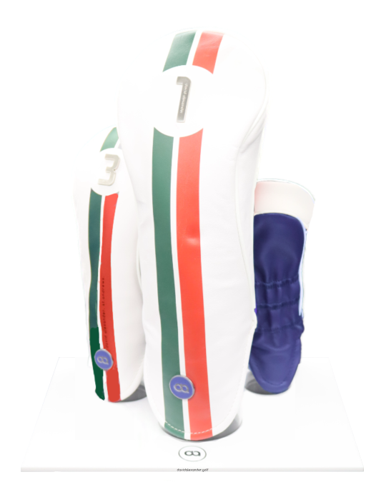 Italy white and blue leather golf club headcover set with tricolour stripe David Alexander. 