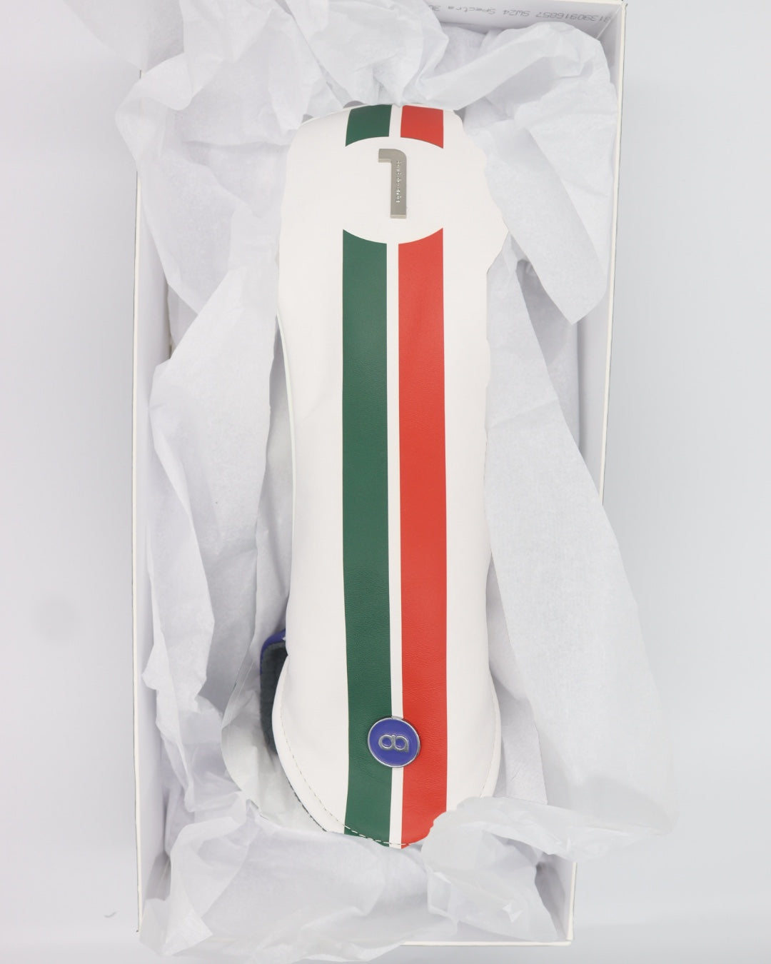 Italia white leather golf club headcover in a gift box. David Alexander Golf