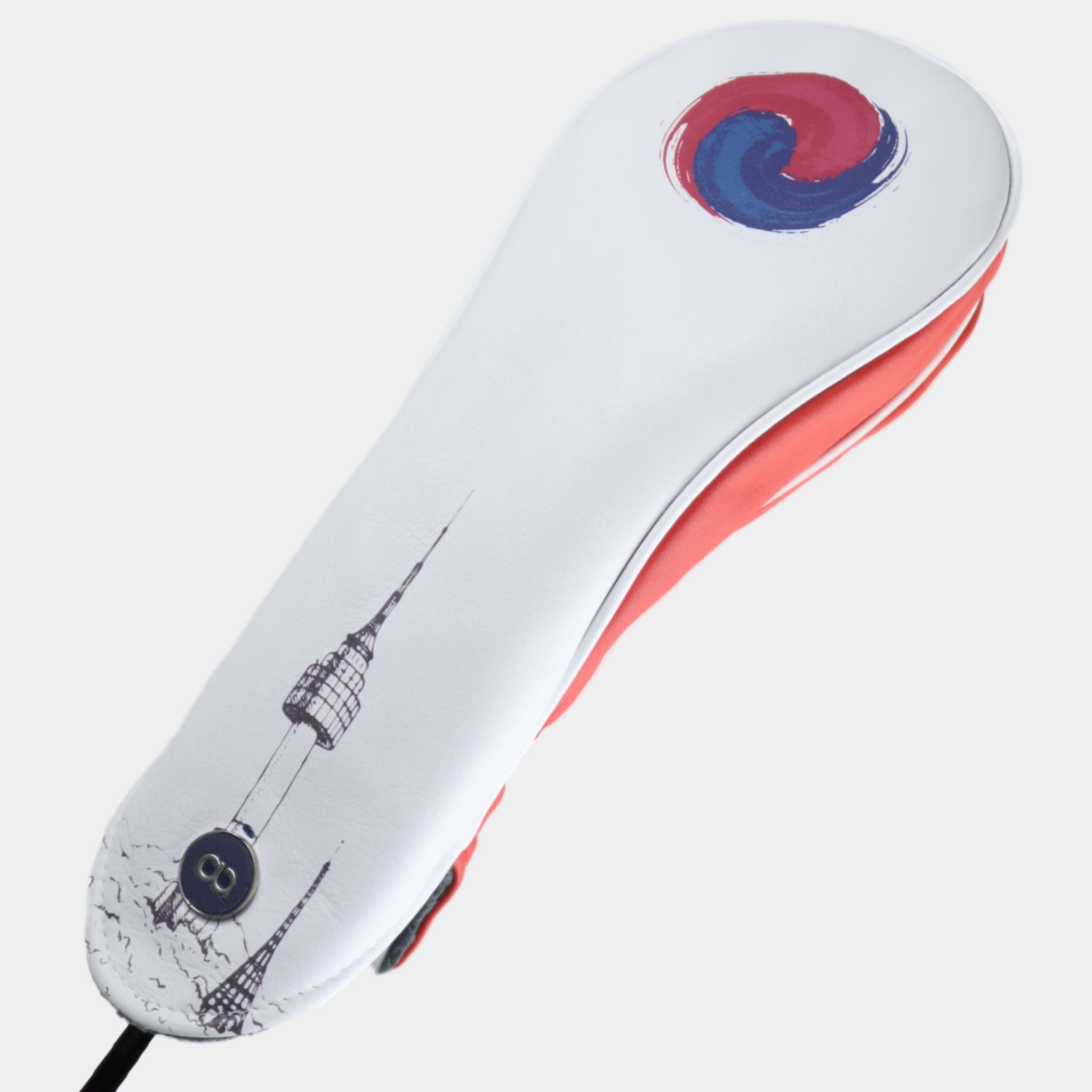 White, red and blue leather driver golf club replacement headcover. Golf gift for men /women. Designer golf accessory. Waterproof. Customisable. Digital print.