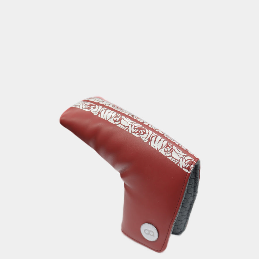 Red golf club head cover with white rose pattern by David Alexander