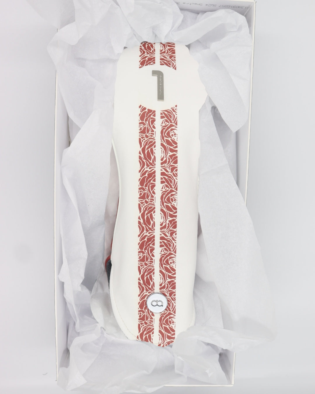 Rosa white leather golf club headcover in a gift box. David Alexander Golf