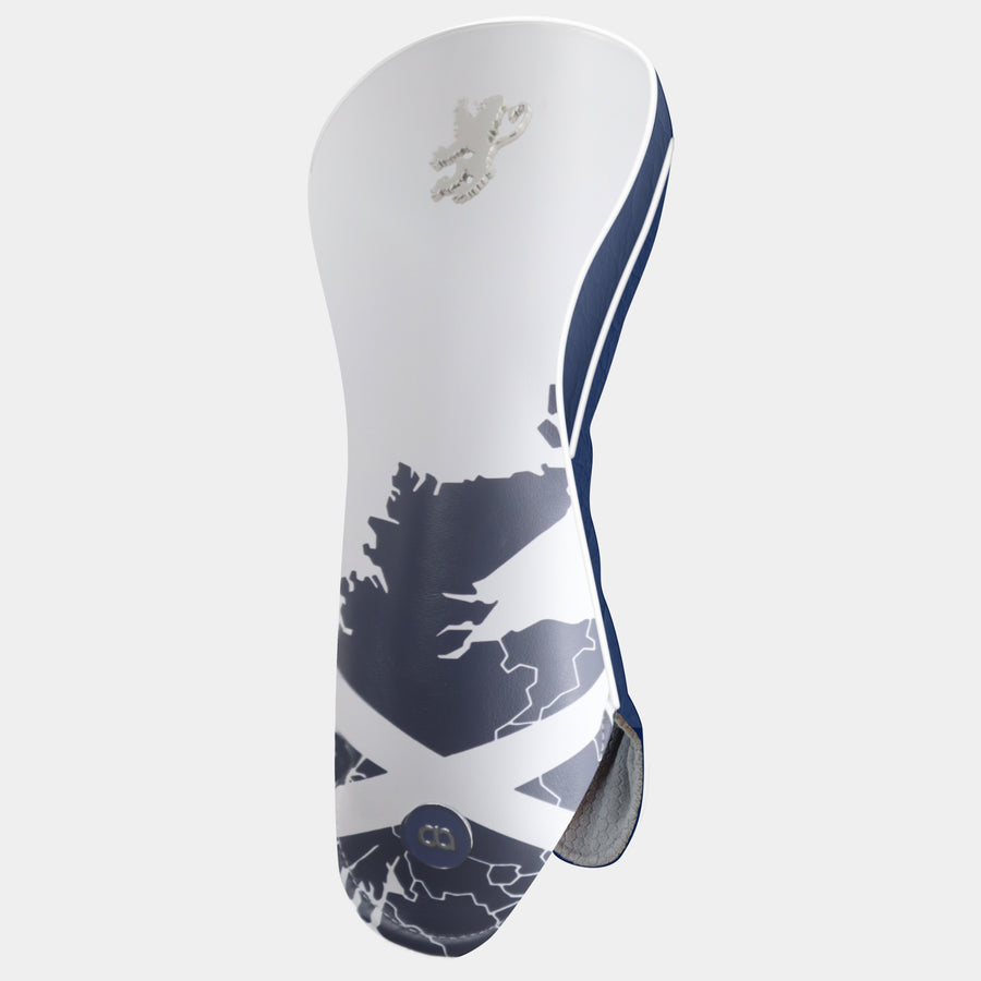 Scotland white and navy blue driver golf club headcover with a saltire design at the bottom and a chrome lion on the head. Shown on a light grey background.