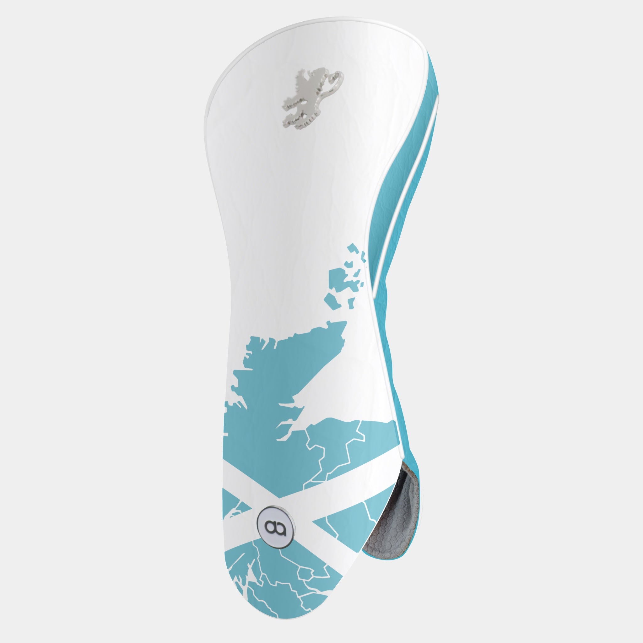 A white and aqua blue golf club headcover featuring a map of Scotland, the Scottish flag, and a silver lion logo, shown on a light gray background.