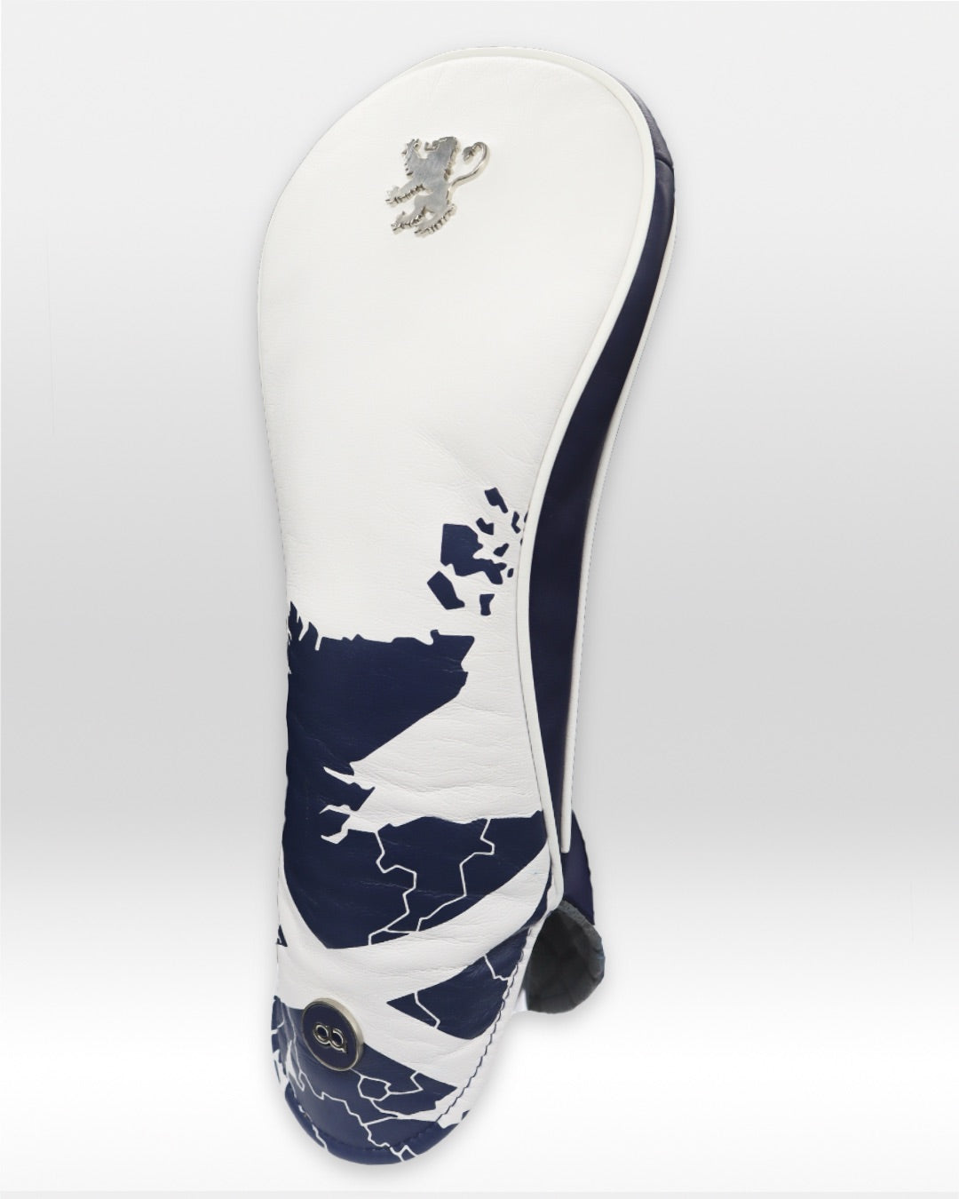 Scotland leather driver headcover cut in white and navy blue with a chrome rampant lion and UV-printed Scotland map design