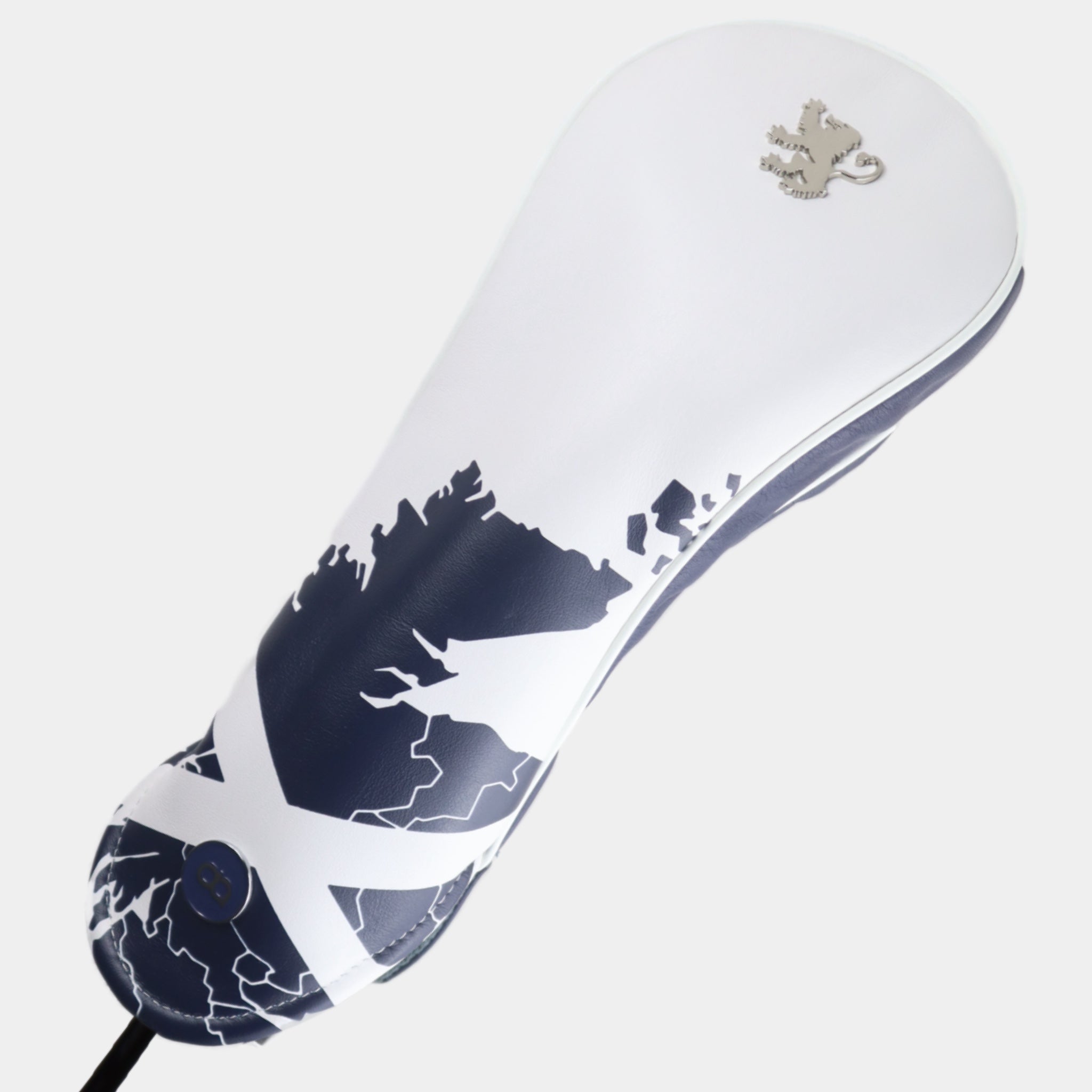 Scotland leather driver headcover cut in white and navy blue with a chrome rampant lion and UV-printed Scotland map design