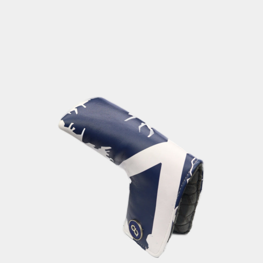 Scotland leather putter golf club replacement headcover. White and navy blue. Golf gift for men /women. Designer golf accessory. Waterproof. Digital print.