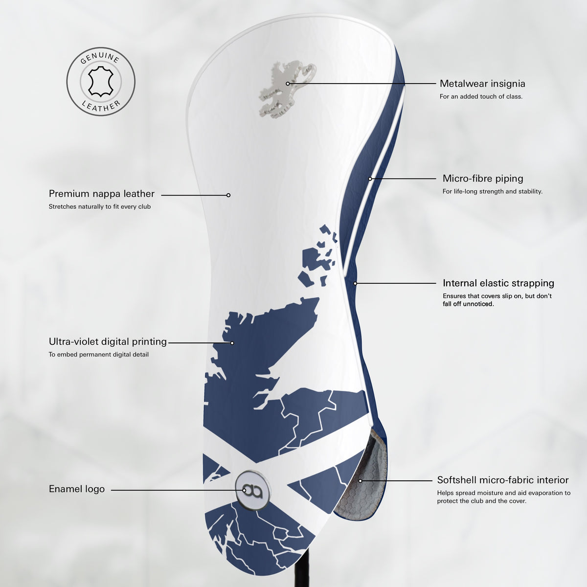 A white and navy blue golf club headcover featuring a map of Scotland, the Scottish flag, and a silver lion logo, shown on a light gray background.