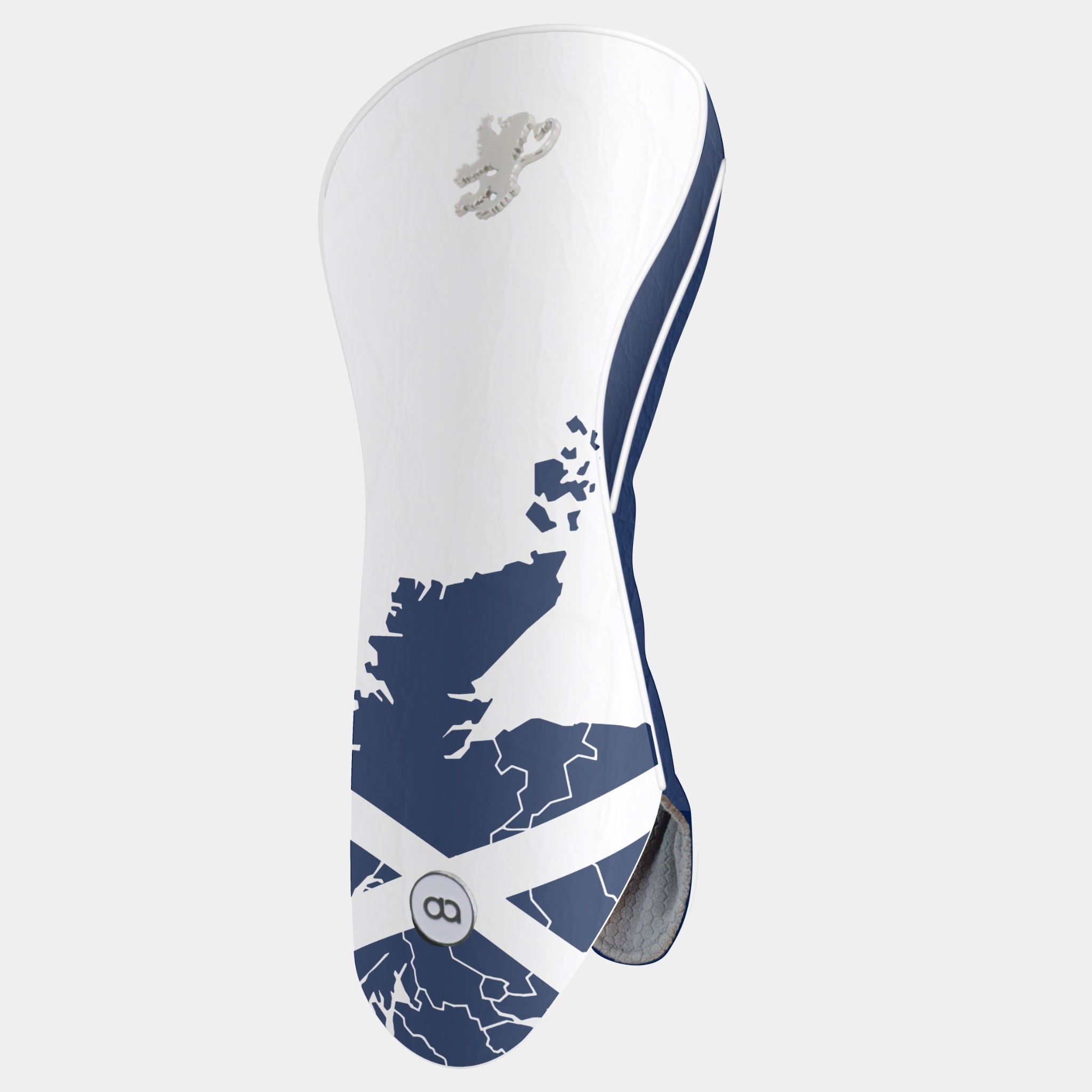 A white and navy blue golf club headcover featuring a map of Scotland, the Scottish flag, and a silver lion logo, shown on a light gray background.