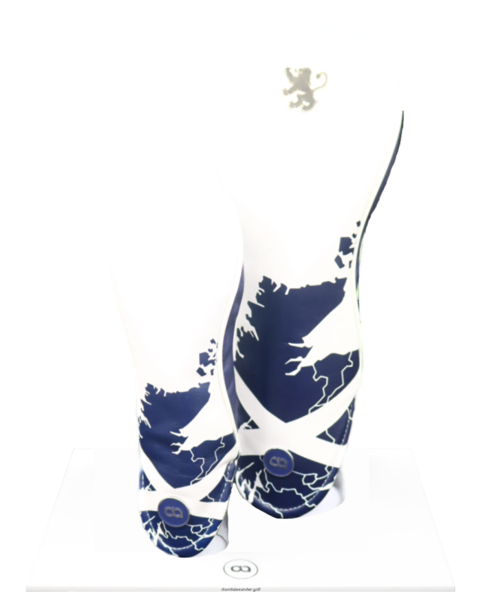 White and blue Scotland fairway wood leather headcover with a chrome lion.