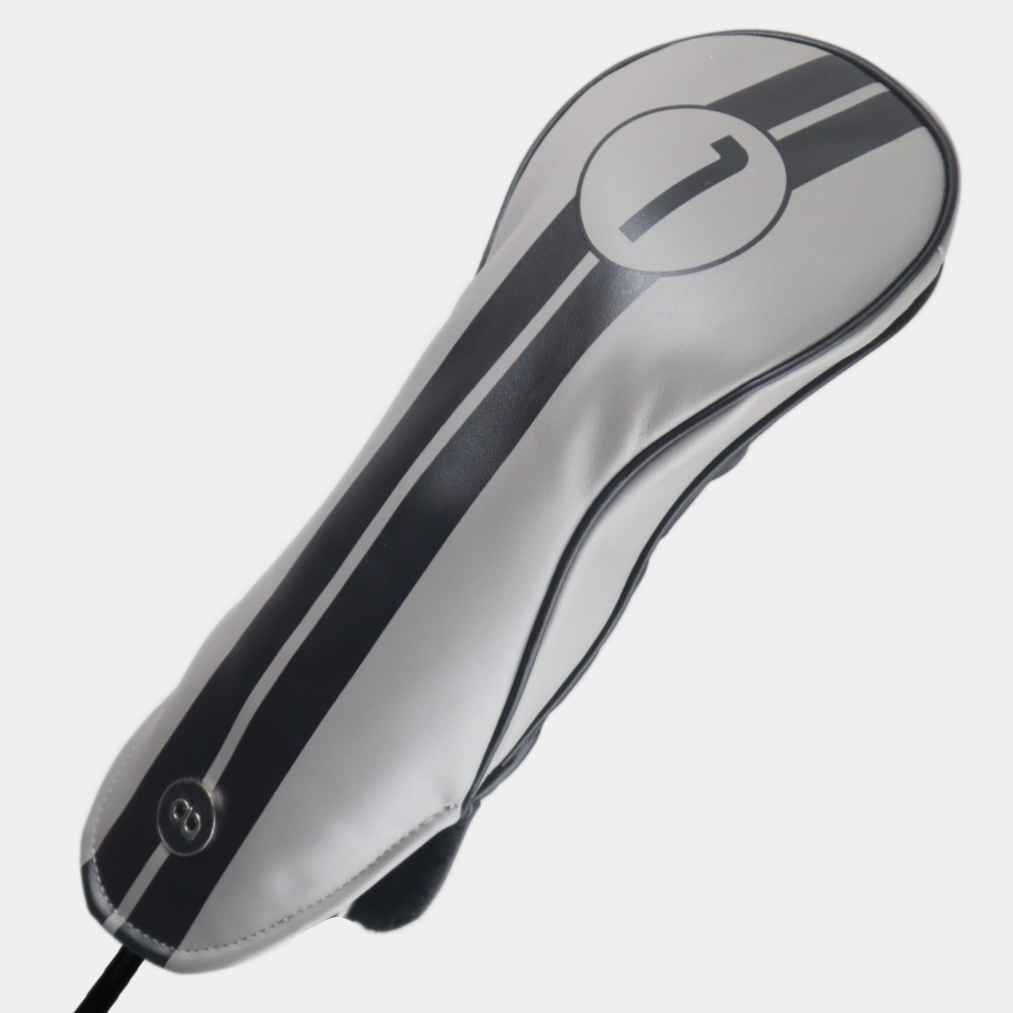 Grey and black Racing Line leather driver golf club replacement headcover. Golf gift for men. Designer golf accessory. Waterproof. Customisable. Digital print. 