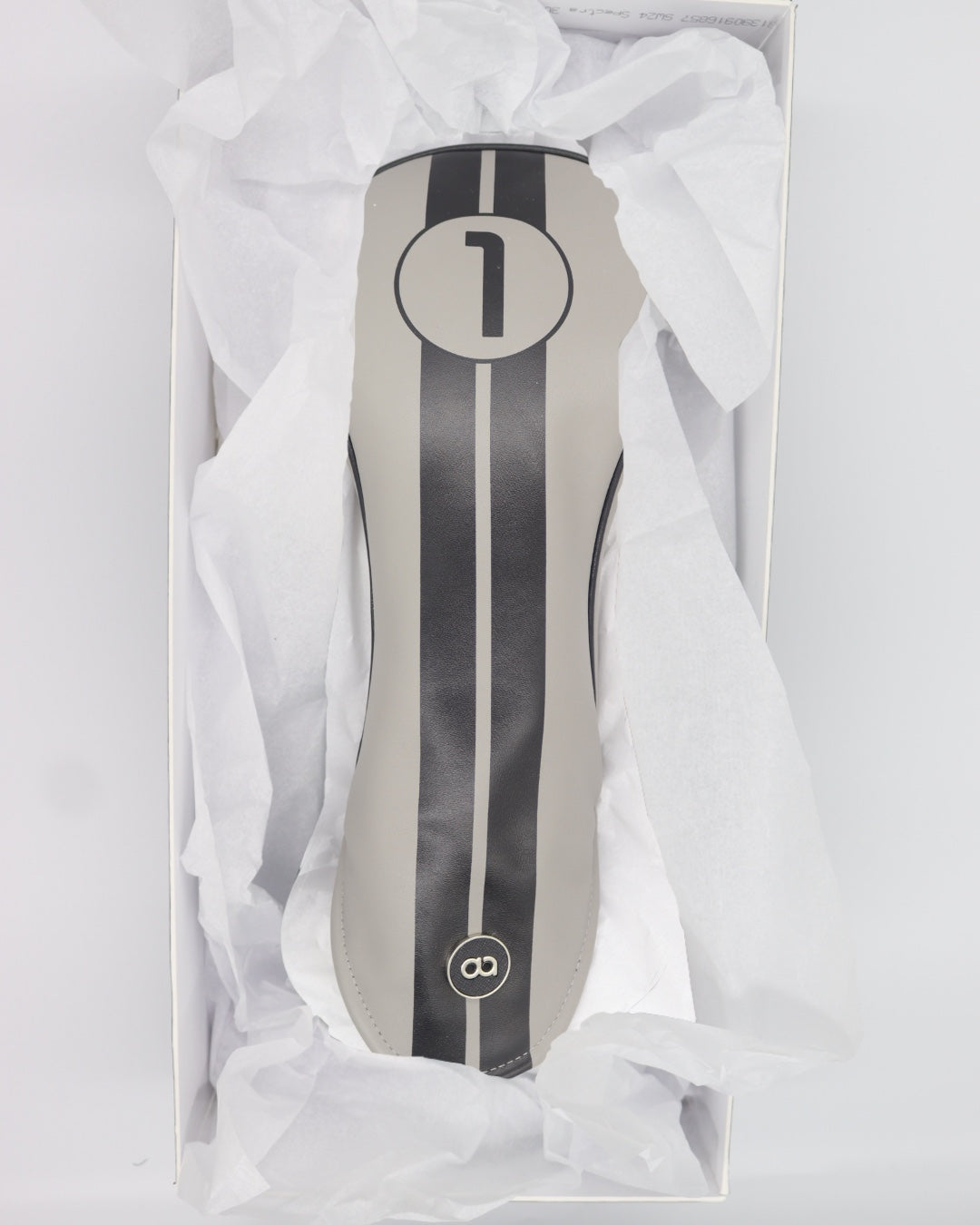 Grey and black racing line leather golf club headcover in a gift box. David Alexander Golf